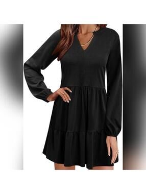 NWT QACOHU V Neck Casual Tiered Long Sleeve Babydoll Mini Swing Dress, L (12-14)